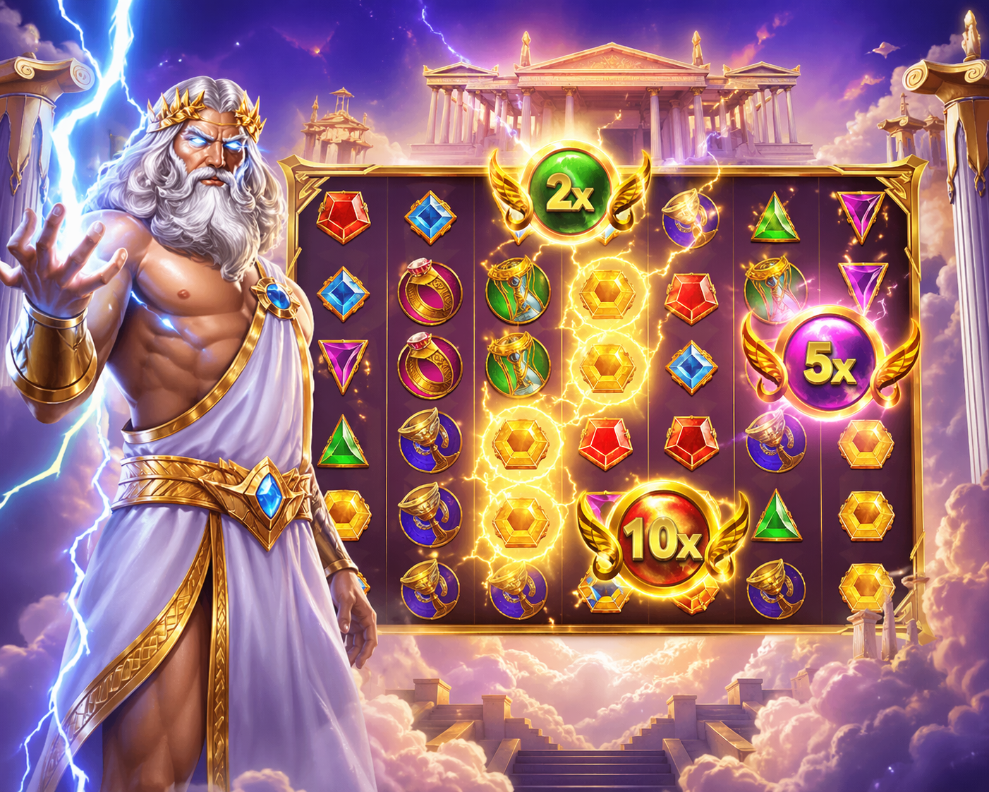 Gates of Olympus feature artwork with multiplier symbols, lightning and temple clouds