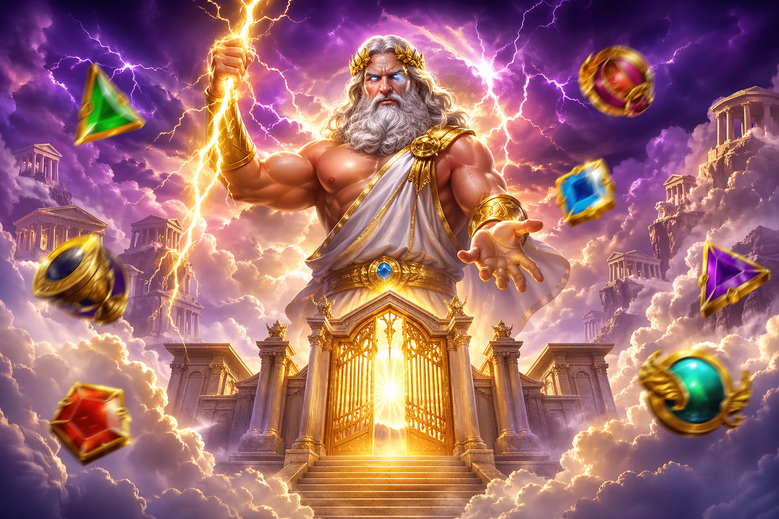 Zeus above glowing Olympus gates with purple lightning and slot symbols