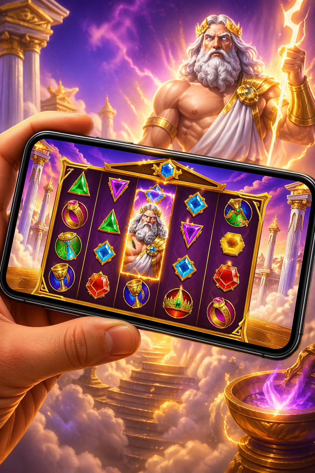 Smartphone showing Olympus-themed slot reels in a mobile-play scene