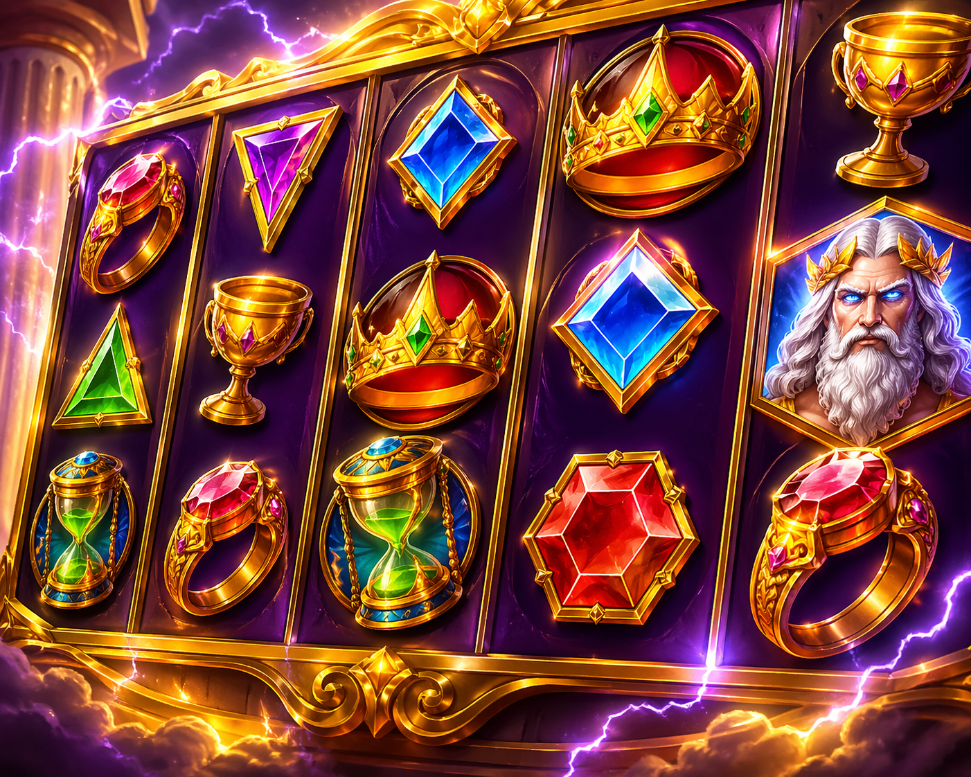 Close-up of Olympus-themed slot reels with glowing gems and crowns